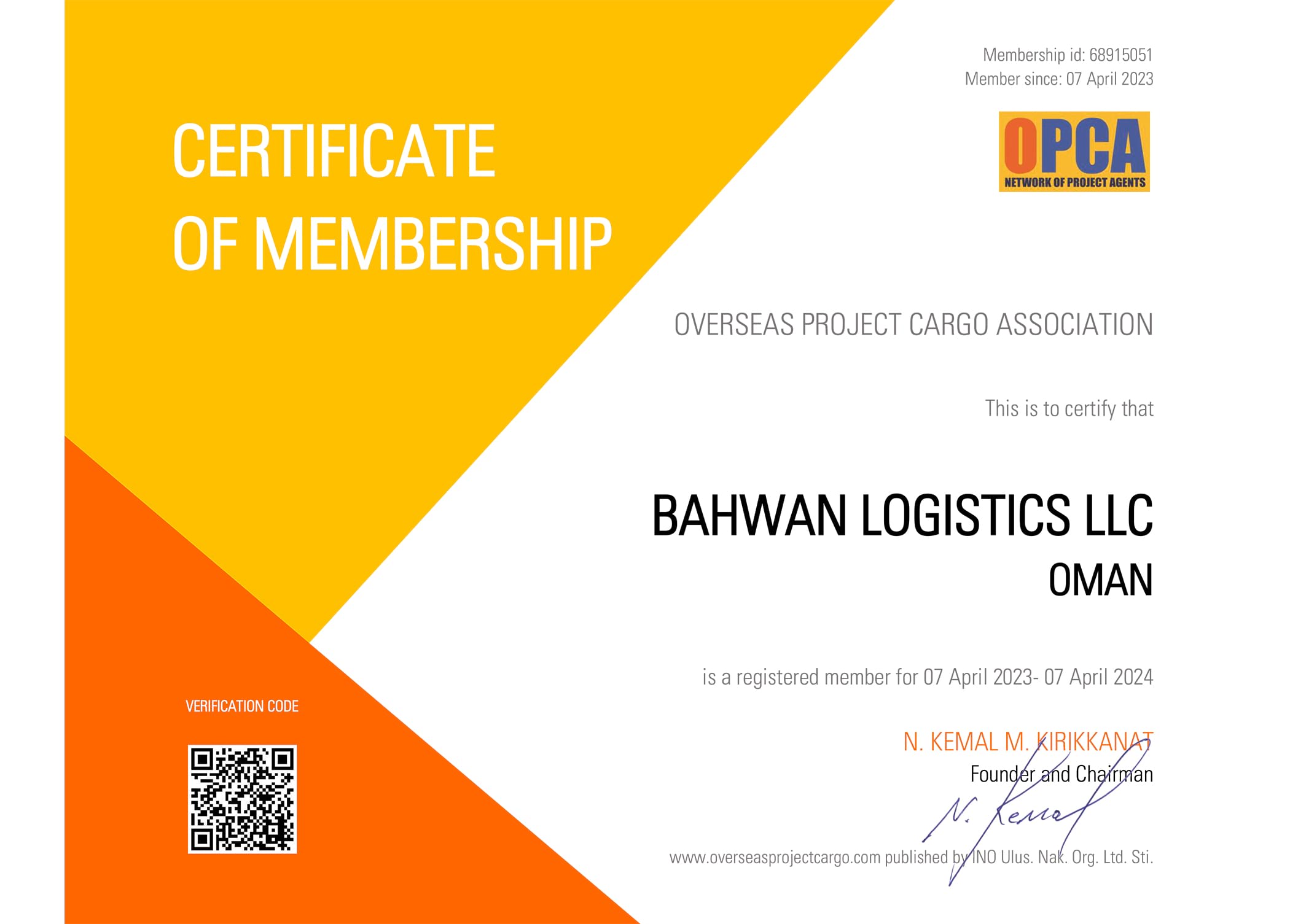 OPCA Certificate of Membership BAHWAN LOGISTICS LLC